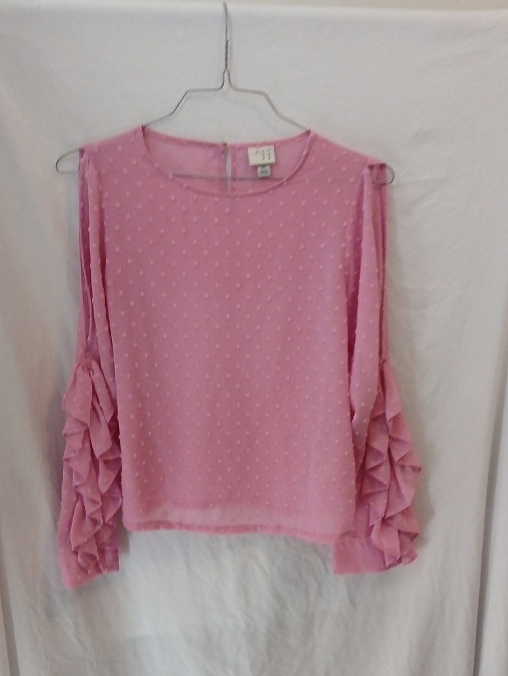 a new day Pink Swiss Dot Cold-Shoulder Ruffle Blouse